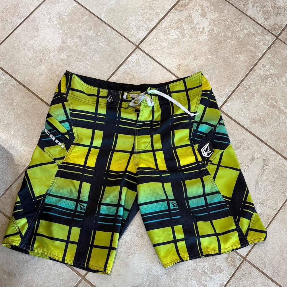 Volcom Lime & Teal Plaid Swim Shorts